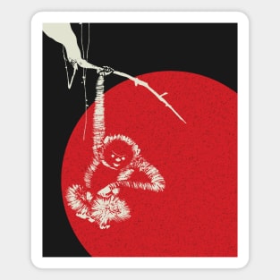 Tachibana Morikuni Ancient Japanese Monkey Hanging From A Branch with Red Distressed Sun Magnet